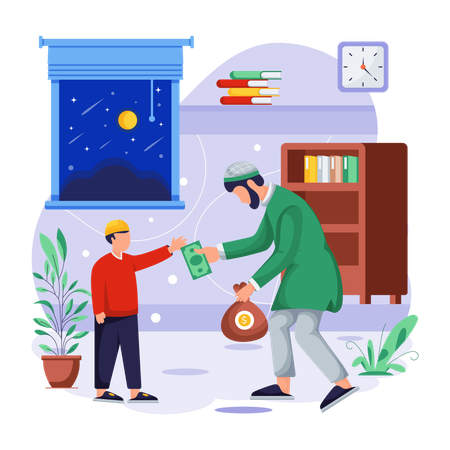 O homem islâmico está dando doação de dinheiro  Ilustração