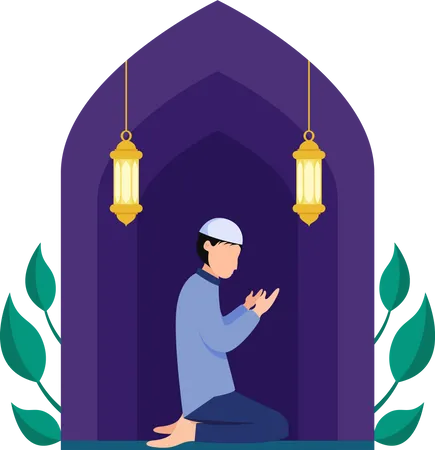 Homem islâmico fazendo pose de oração islâmica  Ilustração