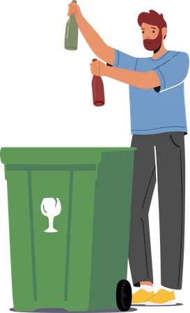 O homem joga garrafas de vidro em um recipiente especial para classificar o lixo  Ilustração