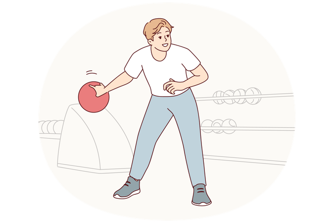 Homem jogando boliche balança a mão para fazer um ótimo arremesso e derrubar todos os pinos  Ilustração