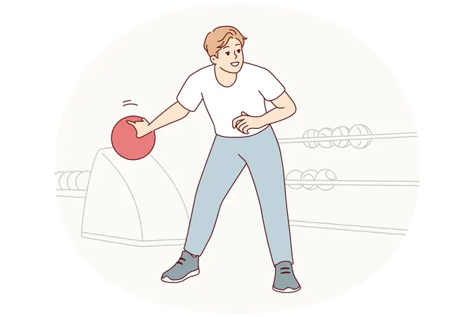 Homem jogando boliche balança a mão para fazer um ótimo arremesso e derrubar todos os pinos  Ilustração
