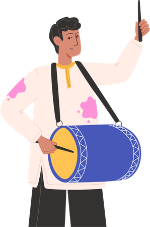 Homem jogando dhol no festival holi  Ilustração