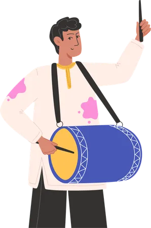 Homem jogando dhol no festival holi  Ilustração