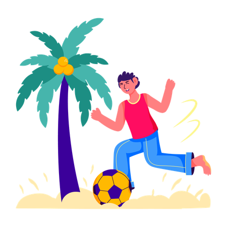 Homem jogando futebol na praia  Ilustração