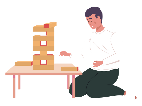 Homem jogando jenga em casa  Ilustração