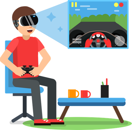 Homem jogando jogo de corrida VR  Ilustração