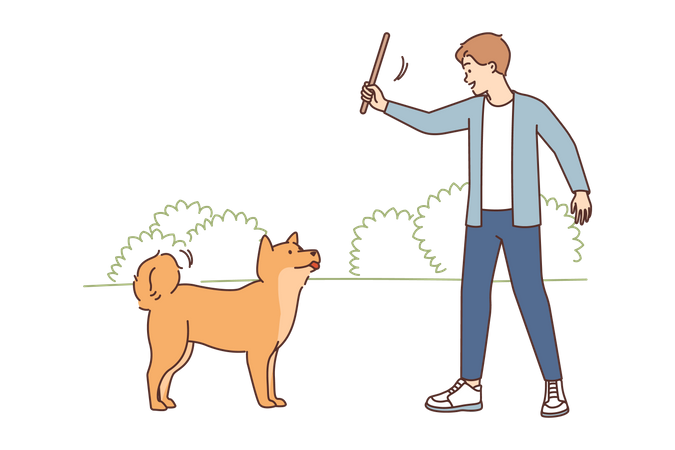 Homem jogando pau para brincar com cachorro  Ilustração