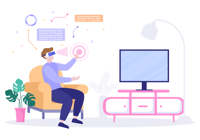Homem jogando usando VR Tech  Ilustração