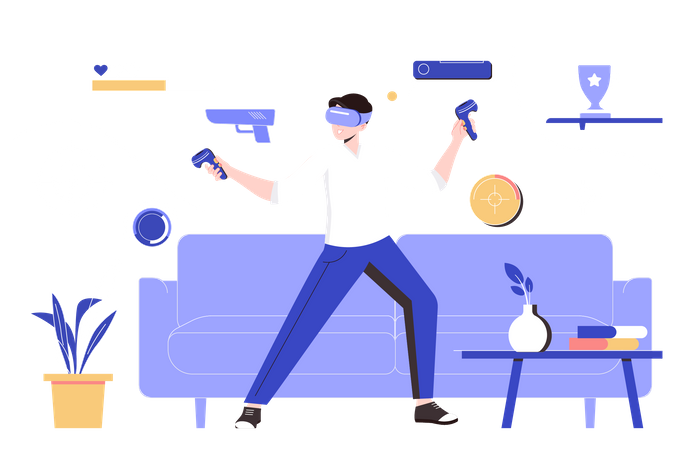 Homem jogando jogo VR em casa  Ilustração