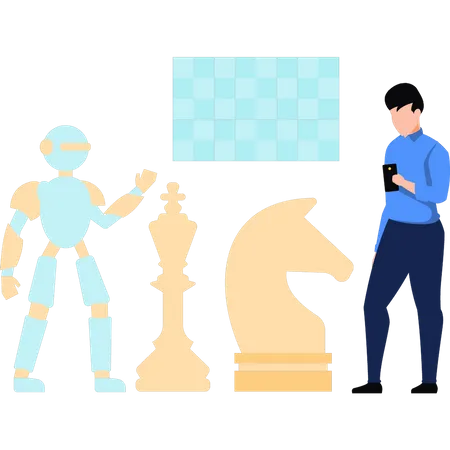 Homem jogando xadrez com robô  Ilustração
