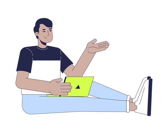 Homem jovem adulto indiano com laptop sentado no chão  Ilustração