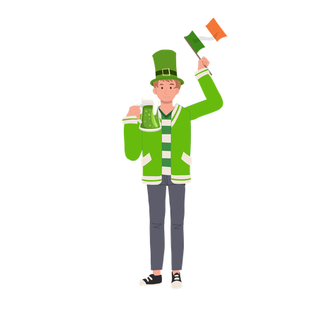 Homem jovial com bandeira irlandesa e copo de cerveja  Ilustração