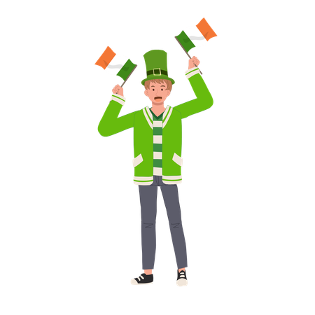 Homem jovial com bandeira irlandesa  Ilustração