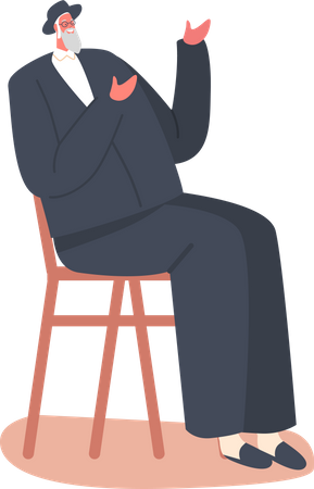 Homem judeu sênior de terno preto e sentado na cadeira  Ilustração