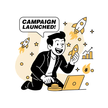 Homem lança campanha publicitária de foguete  Ilustração