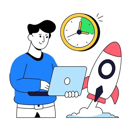 Homem lança startup no prazo  Ilustração