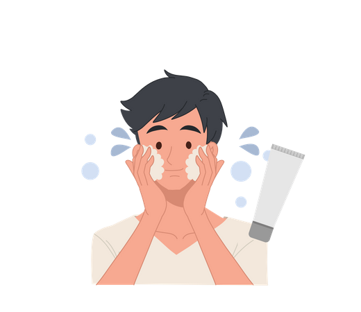 Homem lavando o rosto usando espuma de limpeza facial para tratamento de acne  Ilustração