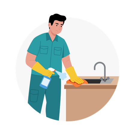 Homem lavando pratos na pia  Ilustração