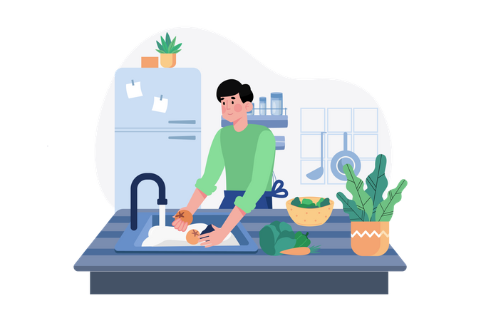 Homem lavando legumes na cozinha  Ilustração