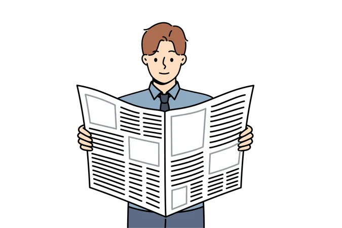 Homem lendo jornal de negócios para saber notícias de grandes corporações ou procura anúncios de emprego  Ilustração