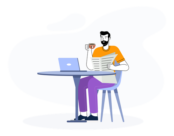 Homem lendo jornal com bebida de café e laptop  Ilustração
