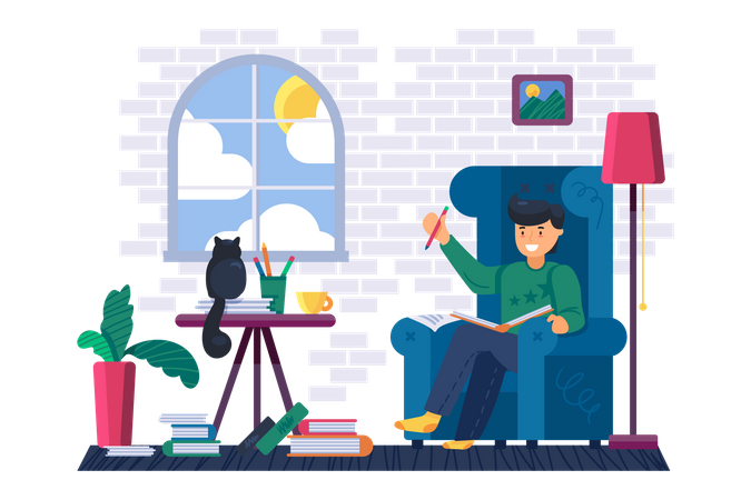 Homem lendo livro educacional na biblioteca de casa  Ilustração