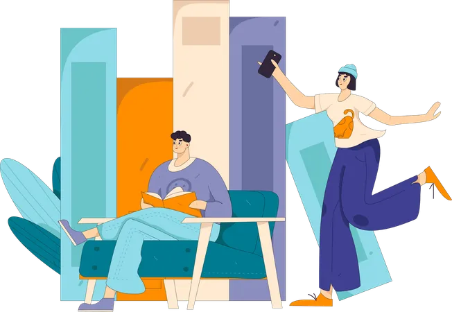 Homem lendo livro enquanto garota correndo com celular  Ilustração