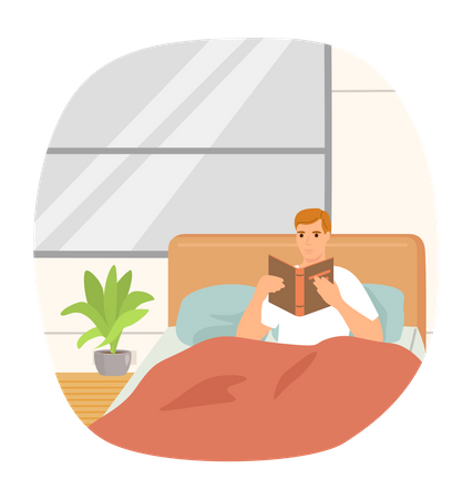 Homem lendo livro enquanto relaxa na cama  Ilustração