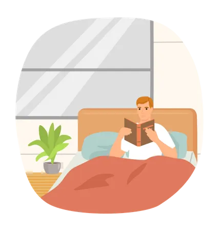 Homem lendo livro enquanto relaxa na cama  Ilustração