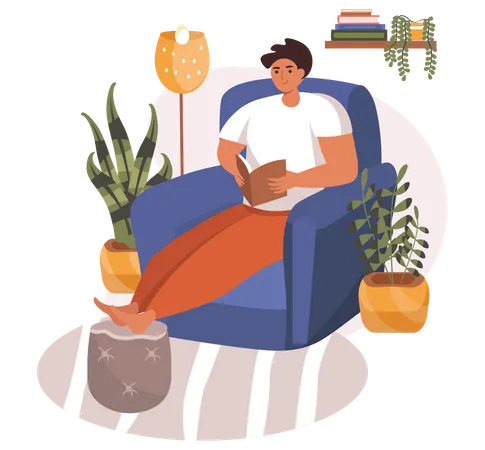 Homem lendo livro enquanto relaxa no sofá  Ilustração