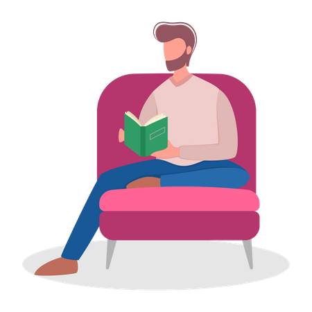 Homem lendo livro enquanto está sentado na cadeira  Ilustração