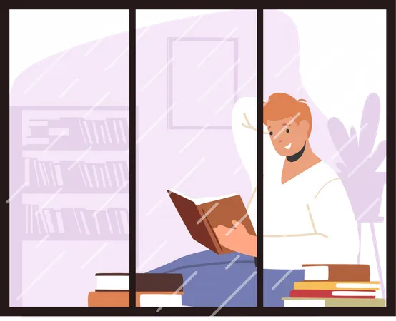 Homem lendo livro enquanto está sentado na janela  Ilustração