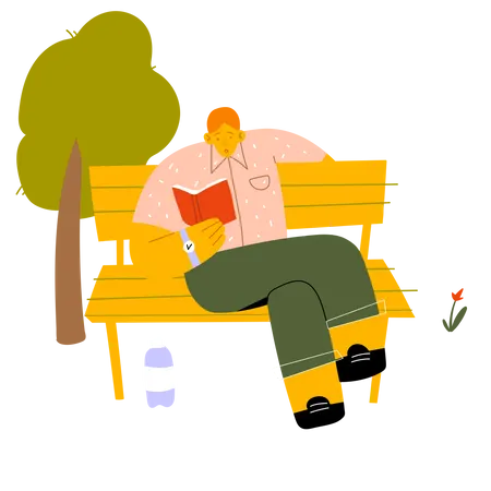 Homem lendo livro enquanto está sentado no parque  Ilustração
