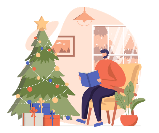 Homem lendo livro na véspera de Natal  Ilustração