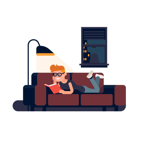 Homem lendo livro em um sofá à noite  Ilustração