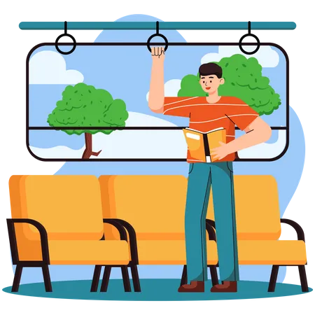 Homem lendo livro no trem  Ilustração