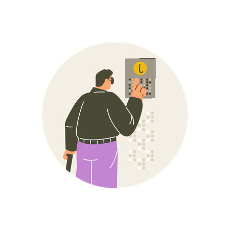 Homem lendo texto em um quadro indicador enquanto o dedo move os pontos da fonte braille  Ilustração