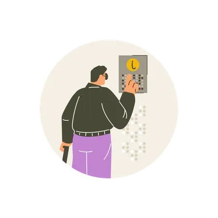 Homem lendo texto em um quadro indicador enquanto o dedo move os pontos da fonte braille  Ilustração
