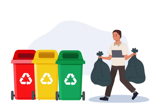 Conceito De Reciclagem Um Homem Leva Sacos De Lixo Saco De Lixo Tirar O Lixo Limpar Ilustracao Vetorial Ilustração