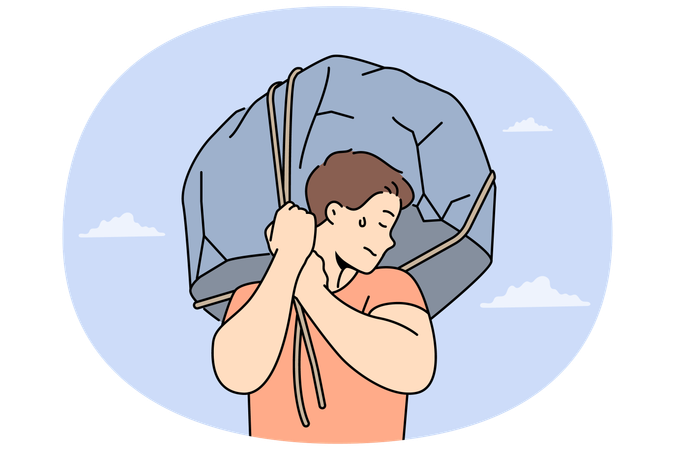 Homem levanta pedra enorme demonstrando força e prontidão para trabalho difícil para alcançar sucesso  Ilustração