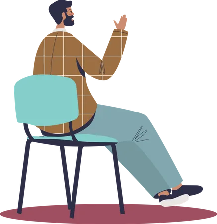 Homem levantando a mão enquanto está sentado na cadeira  Ilustração