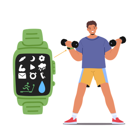 Homem levantando pesos enquanto usa smartwatch exibindo aplicativo de fitness  Illustration