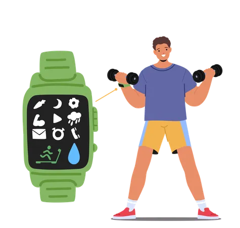 Homem levantando pesos enquanto usa smartwatch exibindo aplicativo de fitness  Illustration