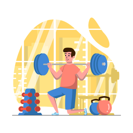 Homem levantando pesos na academia  Ilustração