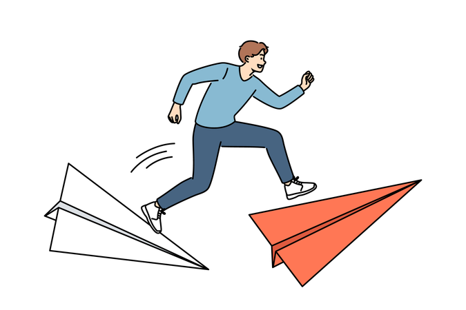 Líder homem supera momentos perigosos nos negócios e corre em grandes aviões de papel para cumprir prazo  Ilustração