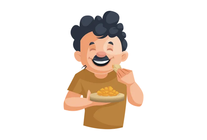 Homem de limpeza indiano comendo comida  Ilustração