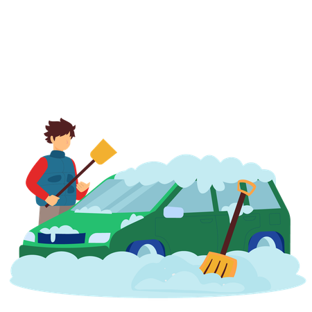 Homem limpando a neve do carro  Ilustração