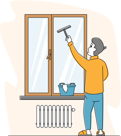 Homem limpando casa, limpando janela com pano úmido e raspador  Ilustração