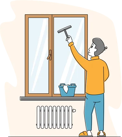 Homem limpando casa, limpando janela com pano úmido e raspador  Ilustração