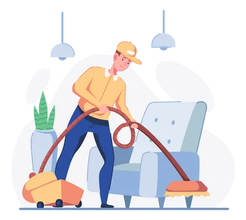 Homem limpando o chão com aspirador de pó  Ilustração